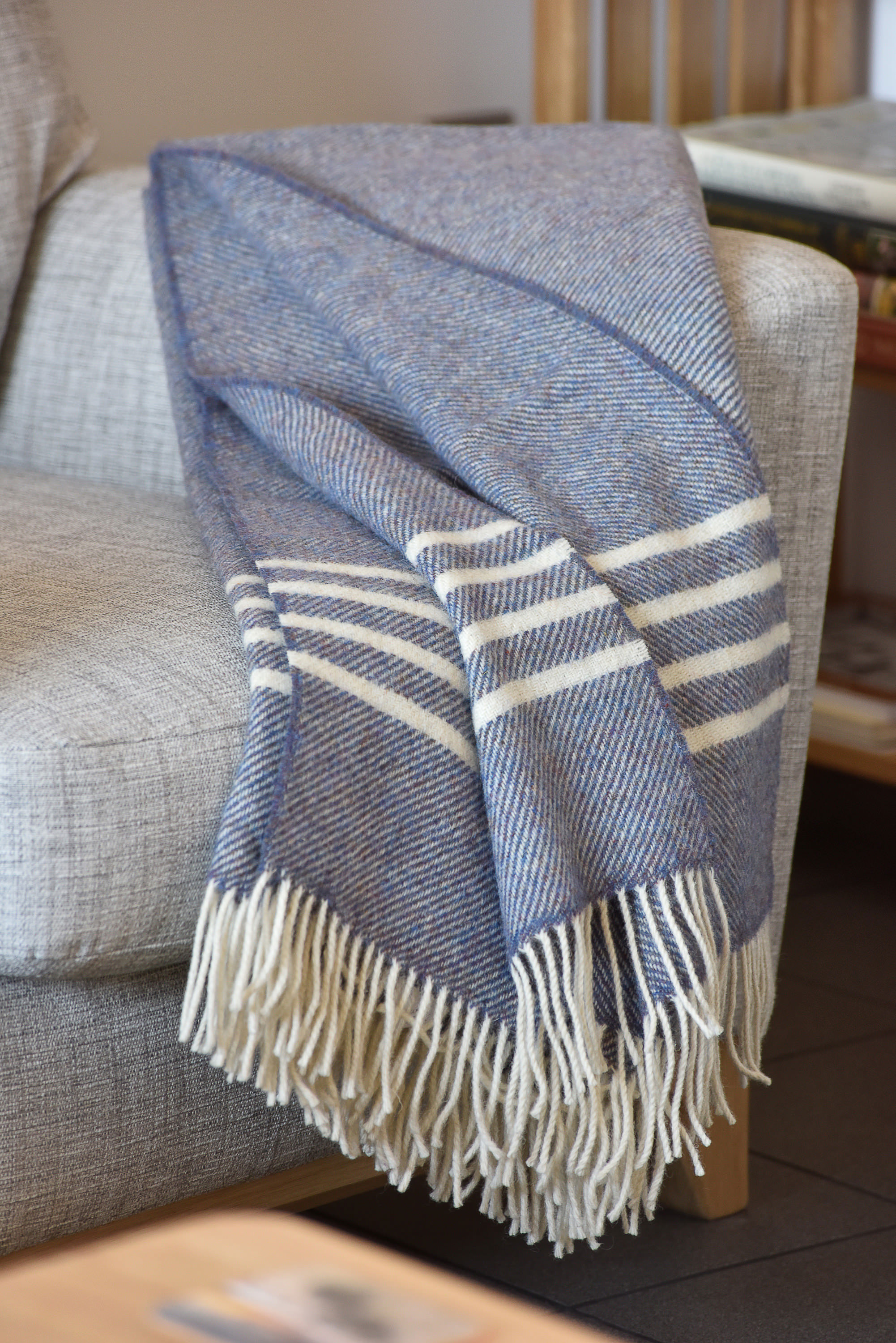 Cushendale Irish wool banded throw or blanket in Indigo blue and cream