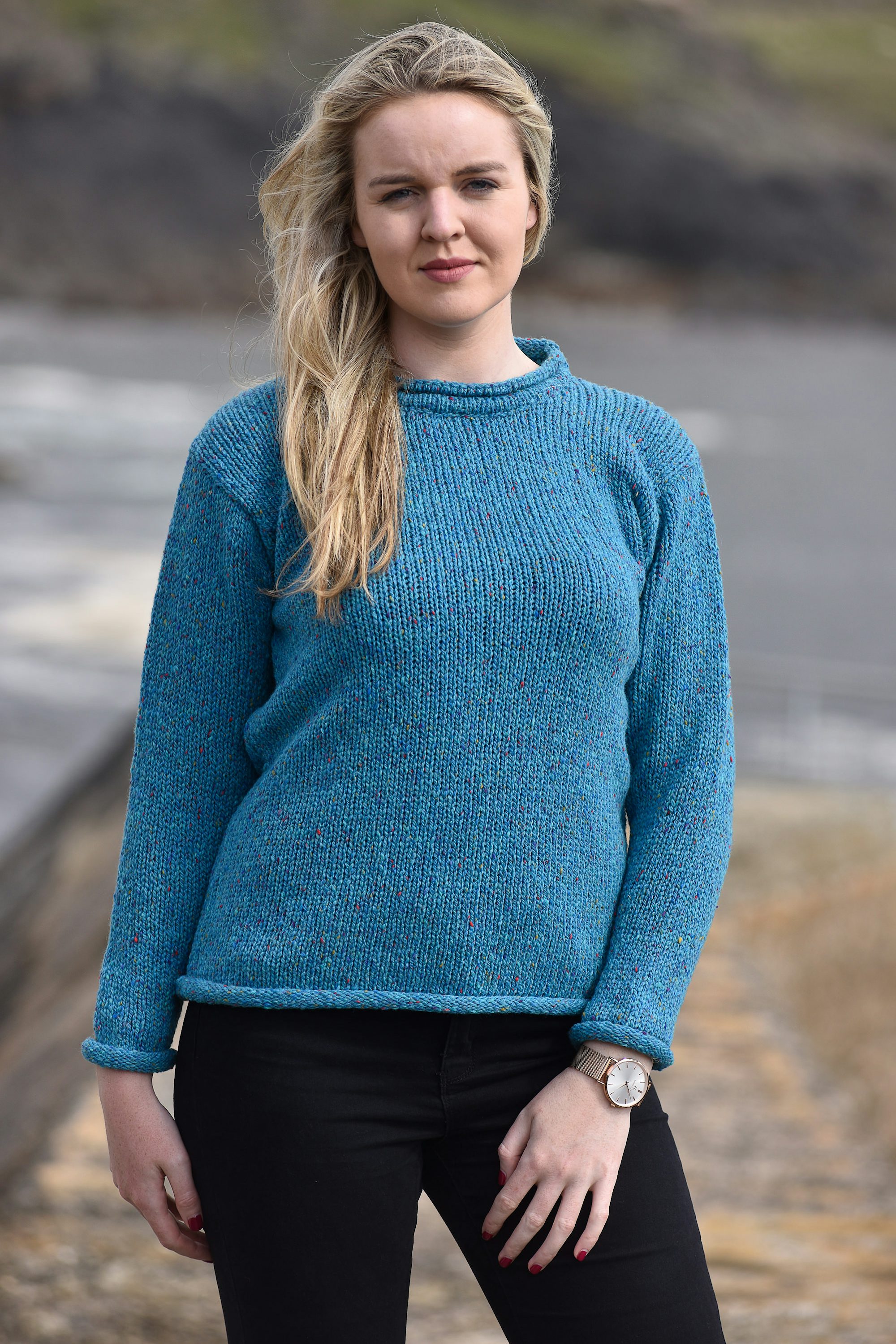 Women's Donegal Roll Neck Merino Wool Sweater in Ocean Blue from Irish
