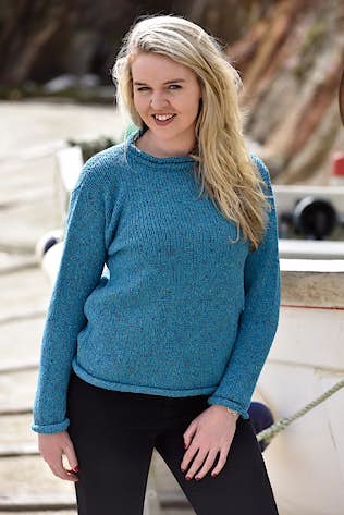 Irish woollen knitwear for women, ladies' fitted sweater with herringbone  stitch and button detail