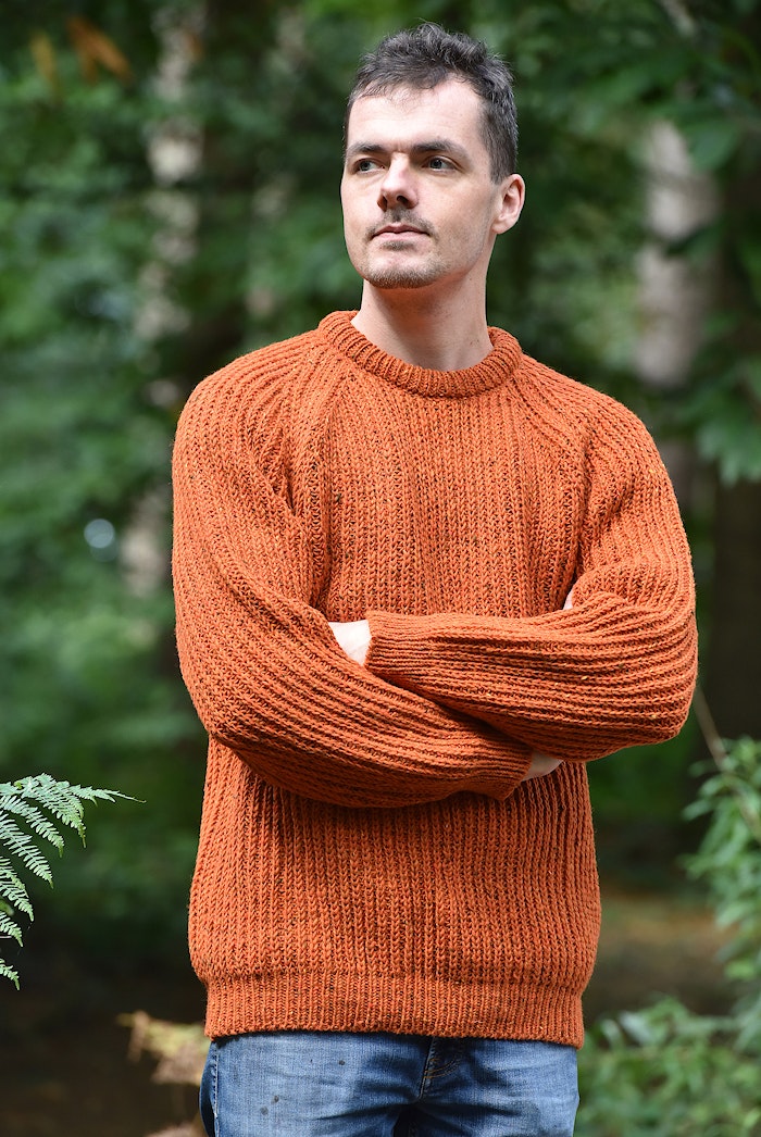 Donegal crew neck sweater in bright orange Donegal tweed wool