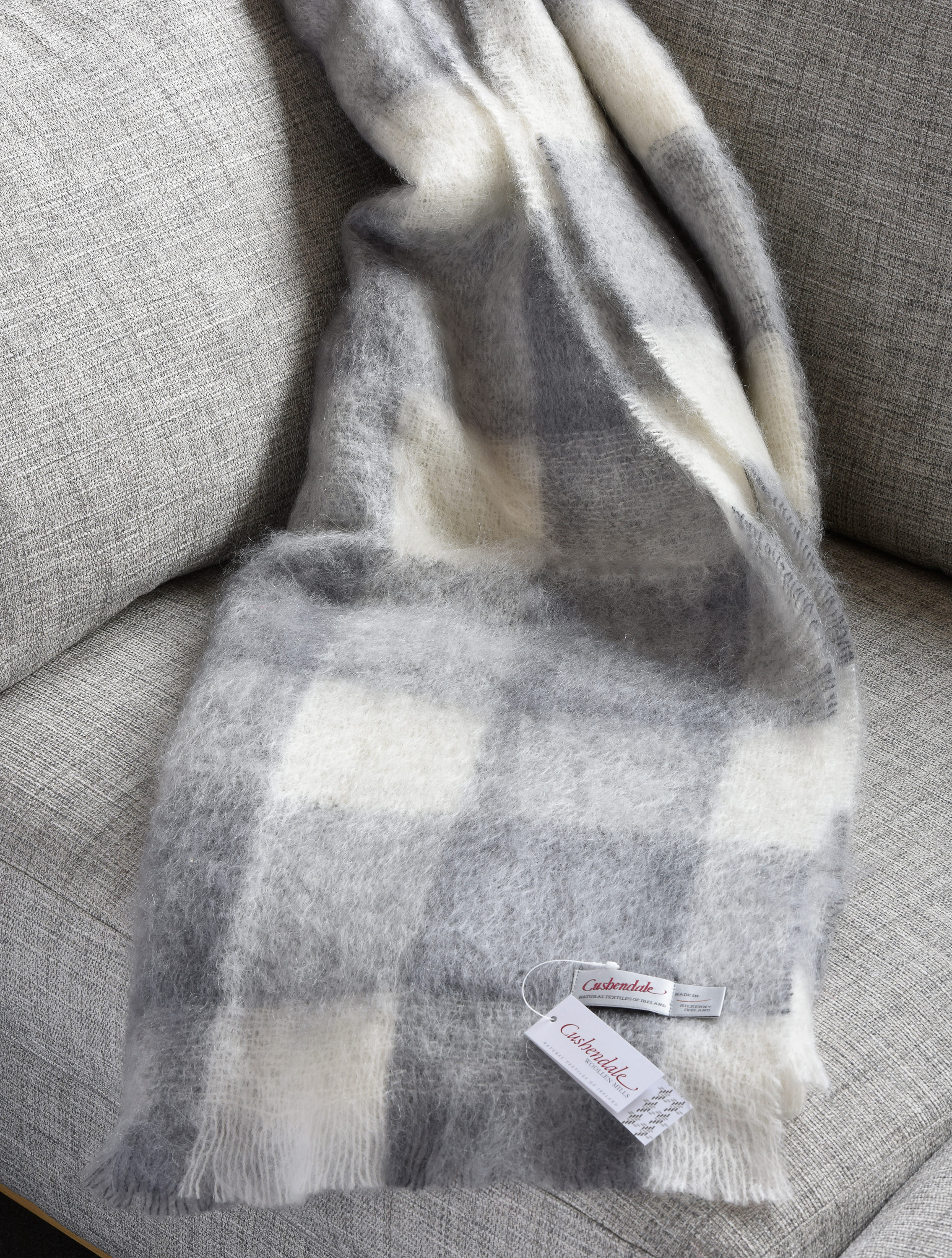 Cushendale light grey plaid brushed mohair blanket throw from Irish