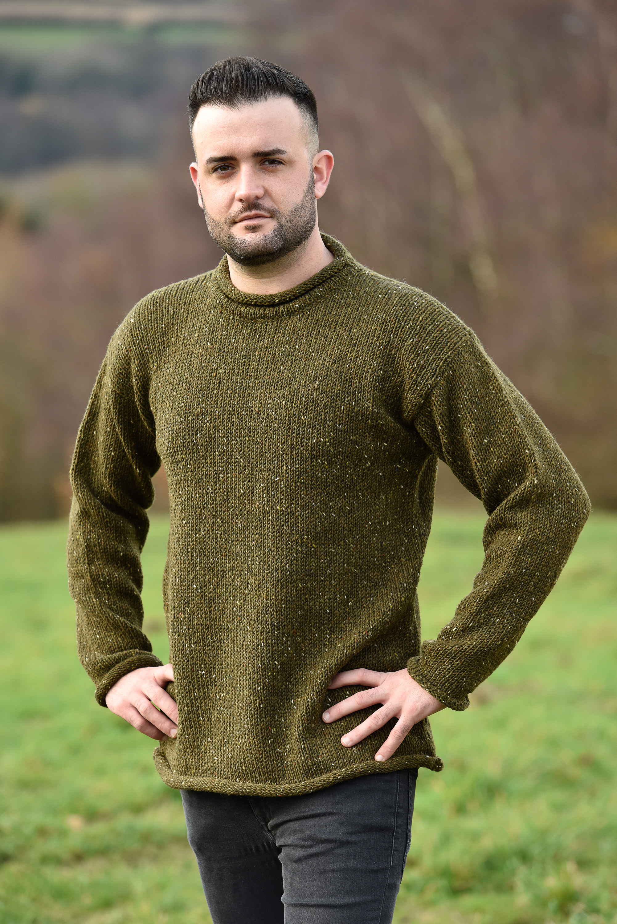 Buy a handmade olive green Donegal pure wool roll neck sweater from