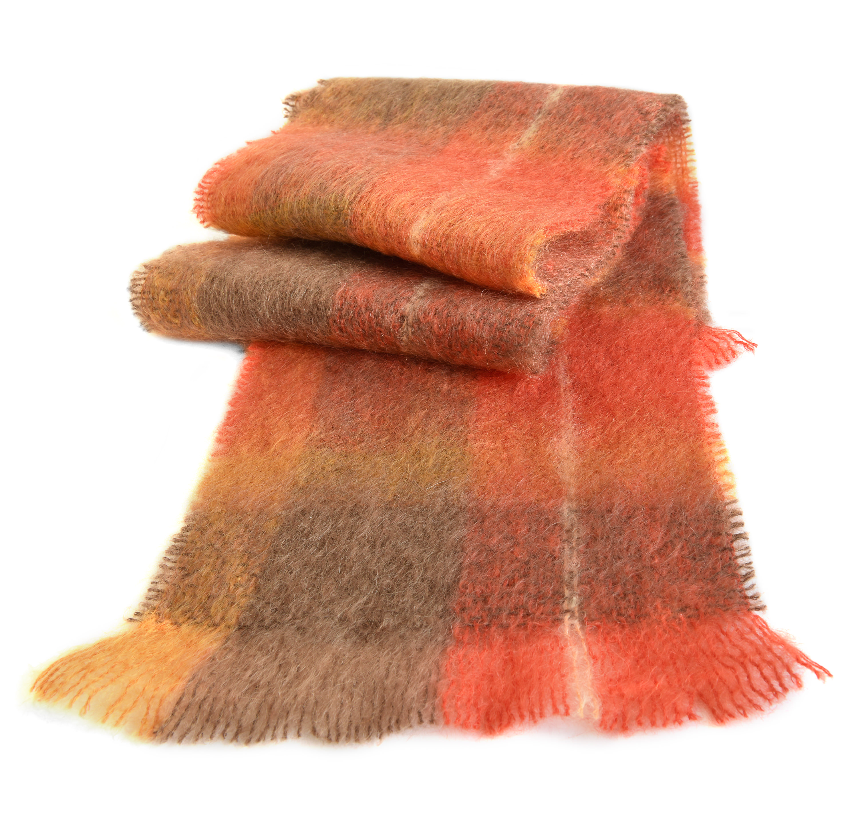 Flame orange brushed mohair scarf by Cushendale, made at their family's