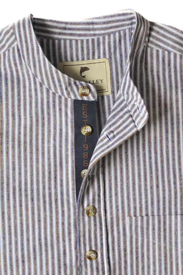 Irish Collarless Heritage Grandad Shirt - Brown/Navy/White Stripe ...